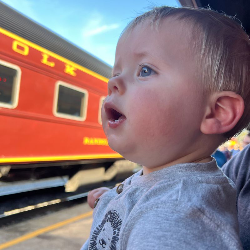 A toddler looks on at a red and yellow engine at the Tennessee Valley Railroad Museum.