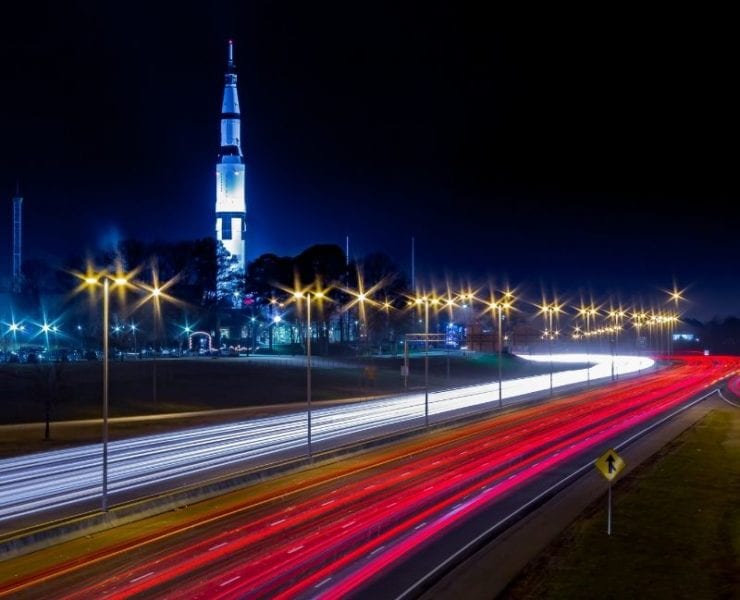 the space & rocket center at night