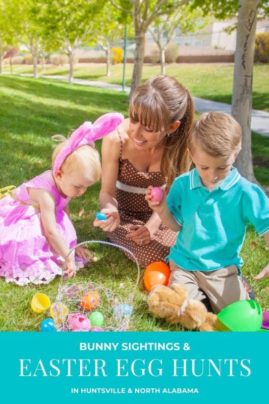 woman and a little girl and little boy with Easter baskets on an egg hunt