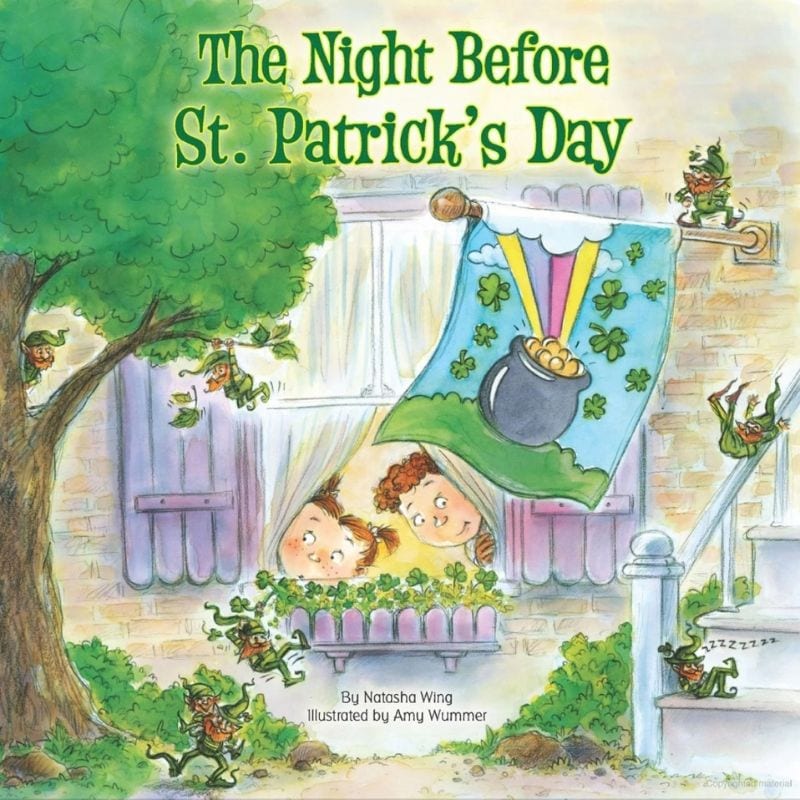 The Night Before St. Patrick's Day cover depicts two children peeking from a window as a leprechaun causes mischief outside their house.