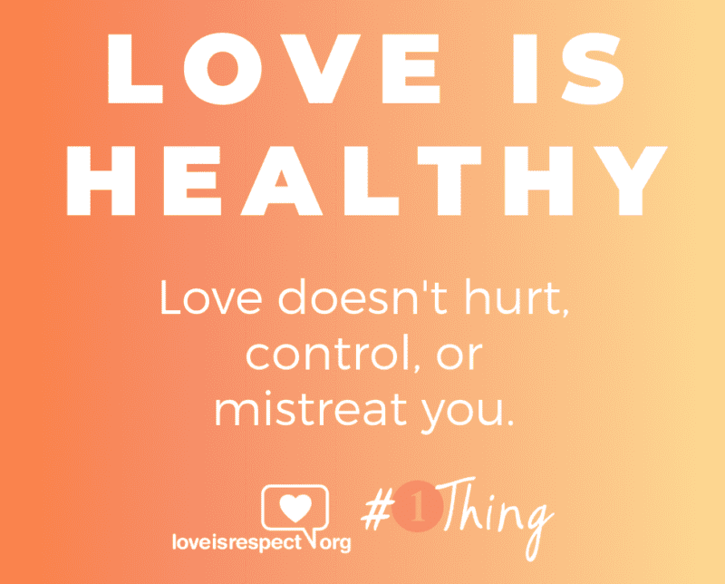 An orange graphic has the white words, "Love is Healthy" in bog white letters.