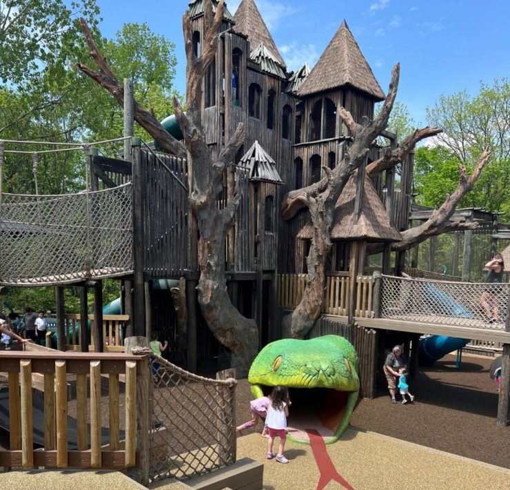 A sprawling treehouse style playground is available at the zoo with a green snake tunnel entrance.