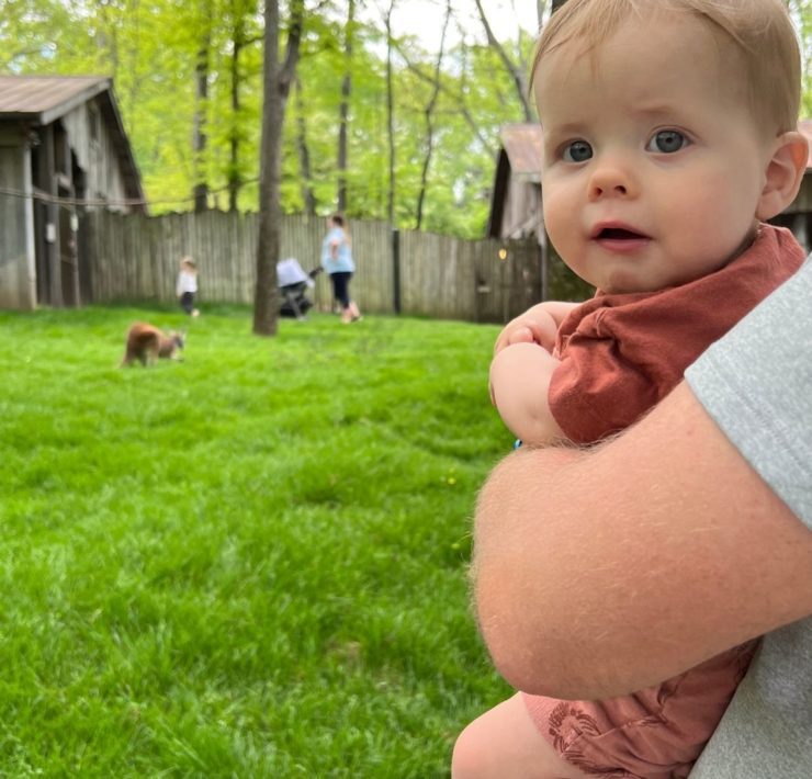 A young boy looks back as a kangaroo jumps in the background.