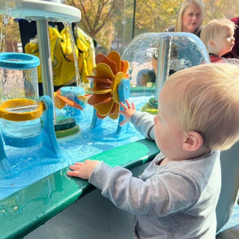 A toddler enthusiastically reaches towards the water table at the Creative Discovery Museum.