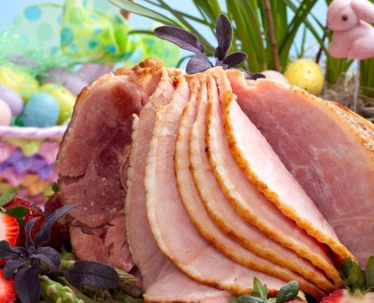 ham served surrounded by Easter decorations