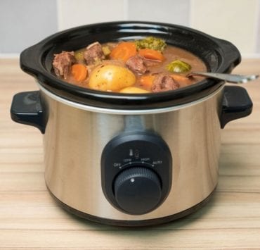slow cooker or crockpot full of ingredients