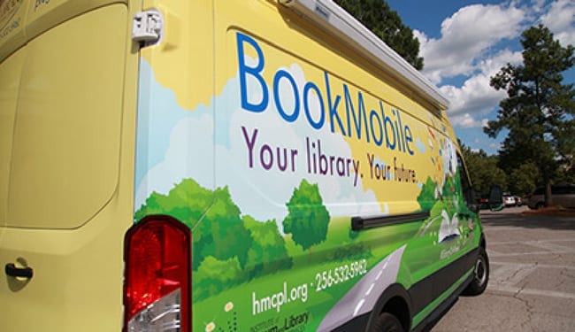 a closeup of the huntsville public library bookmobile