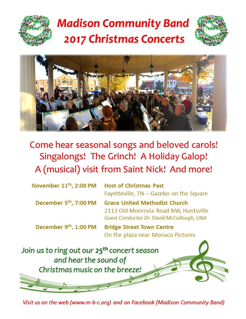 Host Of Christmas Past Fayetteville Tn 2022 Madison Community Band 2017 Mcb Xmas Concerts Flyer - Rocket City Mom | Huntsville Events,  Activities, And Resources For Families.