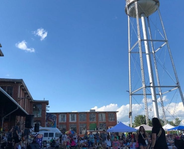 water tower and exterior of Lowe Mill in Huntsville Alabama