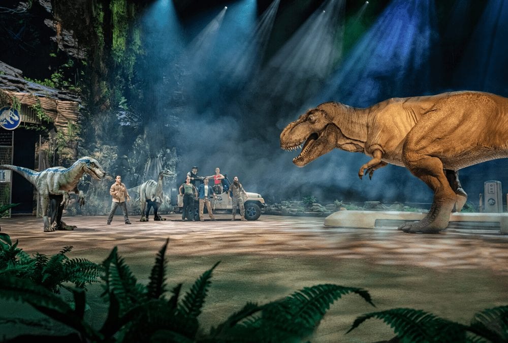 large dinosaur animatronics perform at the Jurassic World touring show