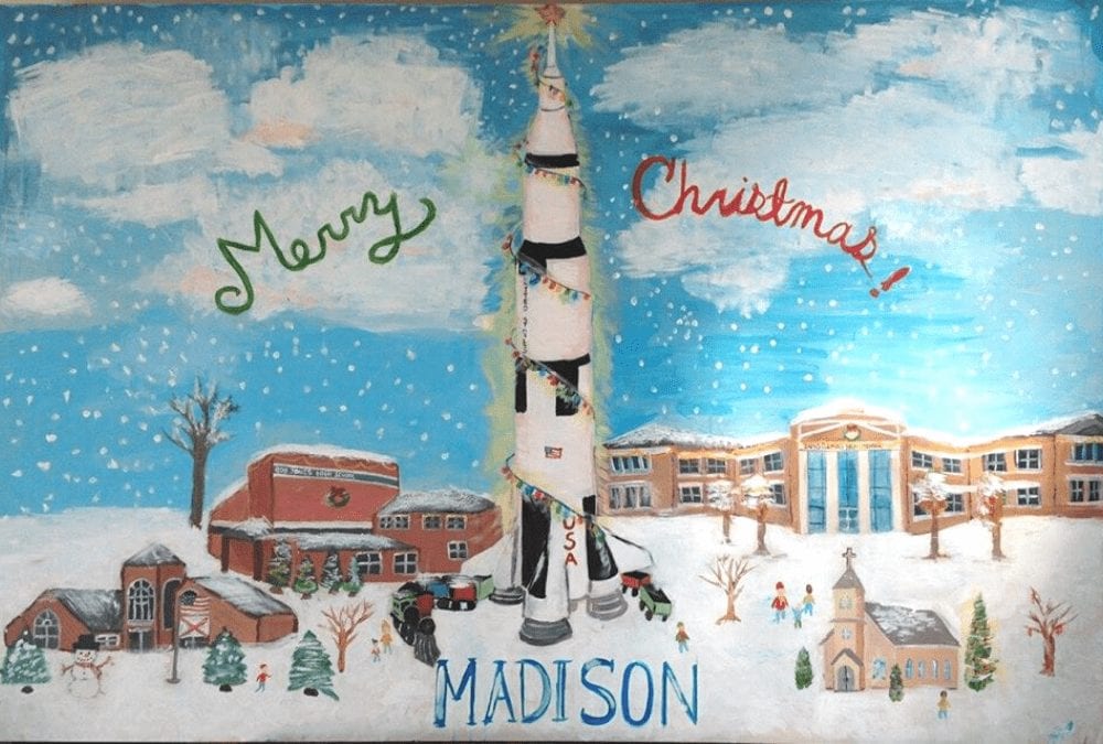 hand painted Christmas card depicting a Madison, AL winter scene