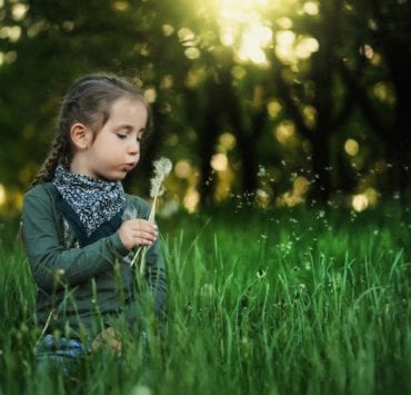 girl blowing dandelion fluff in field