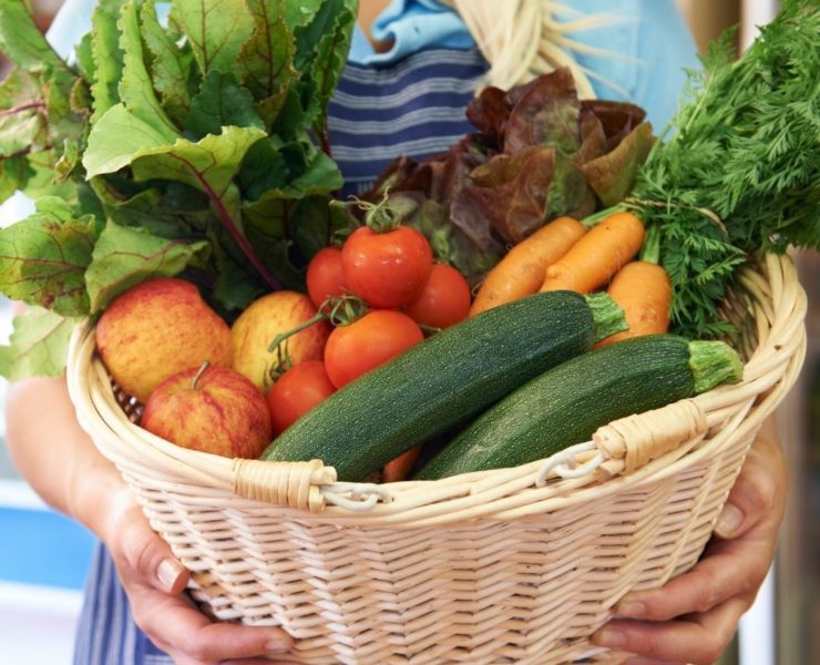 A basket full of fruits and vegetables displays what can be expected from a CSA.