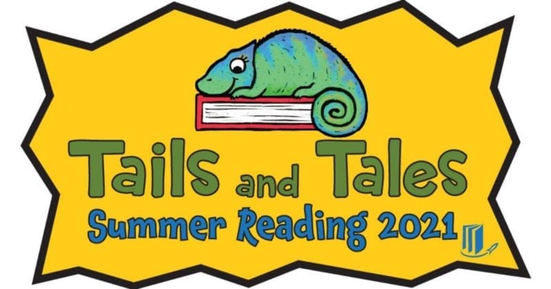 logo for the huntsville library's summer reading program is a green lizard sitting on top of a book with the words tails and tales underneath