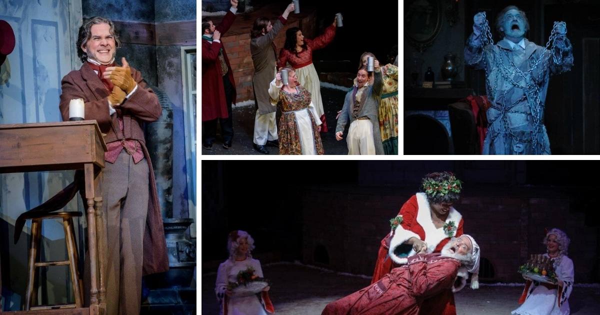 photo collage of scenes from A Christmas Carol as performed by Fantasy Playhouse Children's Theatre actors