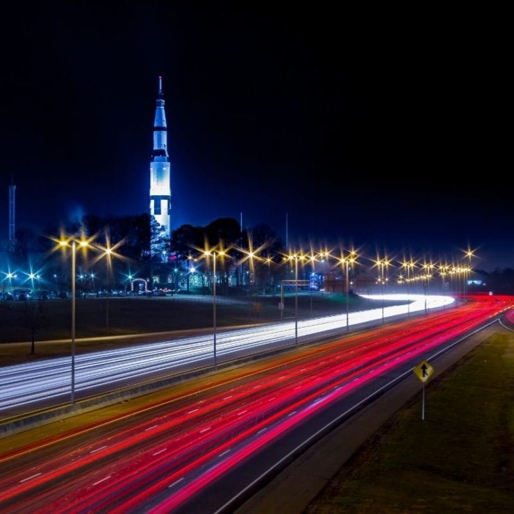 the space & rocket center at night