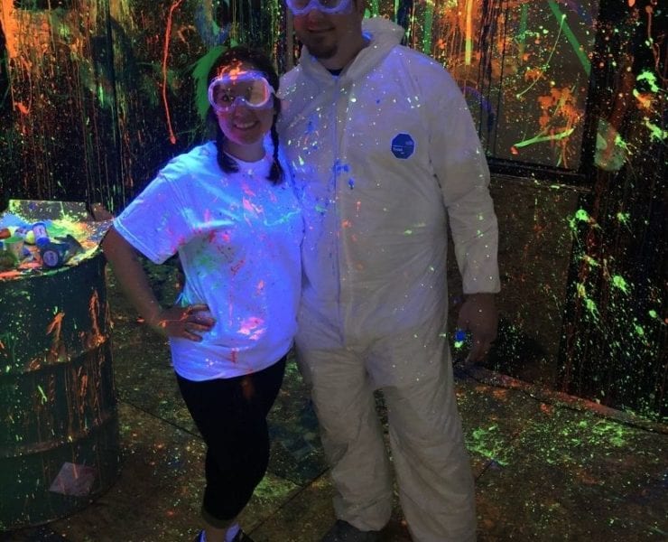 Bright neon colored paint is included in the Blacklight Splatter Room at Huntsville's Rage Room.