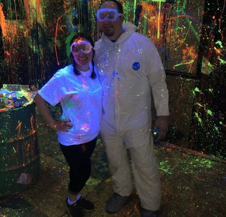 Bright neon colored paint is included in the Blacklight Splatter Room at Huntsville's Rage Room.