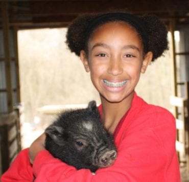 A Strickland family member cares for one of the farm's pigs.