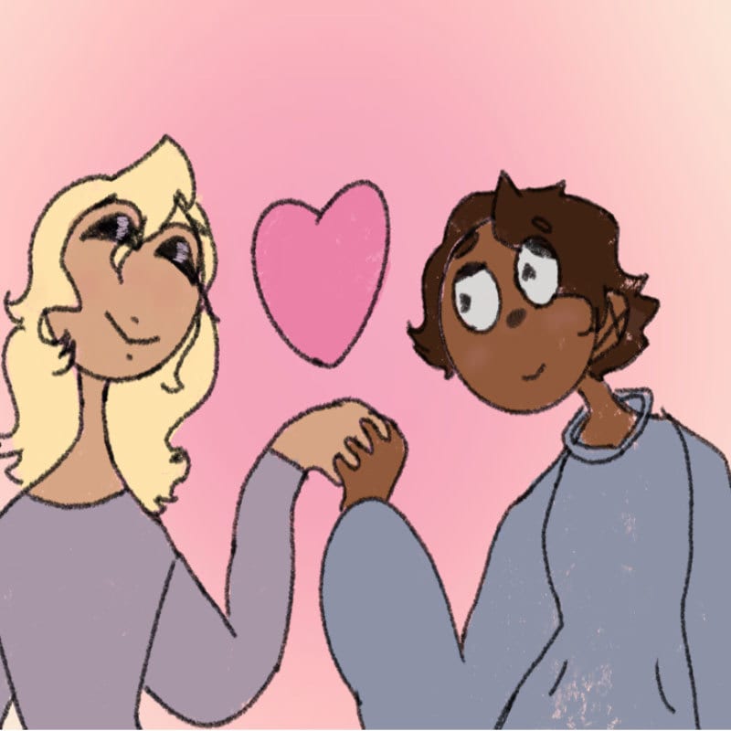 Two characters share a moment on a pink background in a student's Valentine's Day drawing.