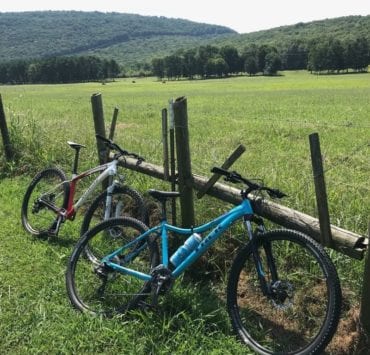 mountain bikes leaning against a fence