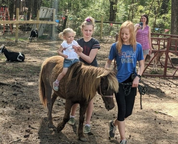 A little girl enjoys a pony ride in the petting zoo section of GoFAR USA Park.