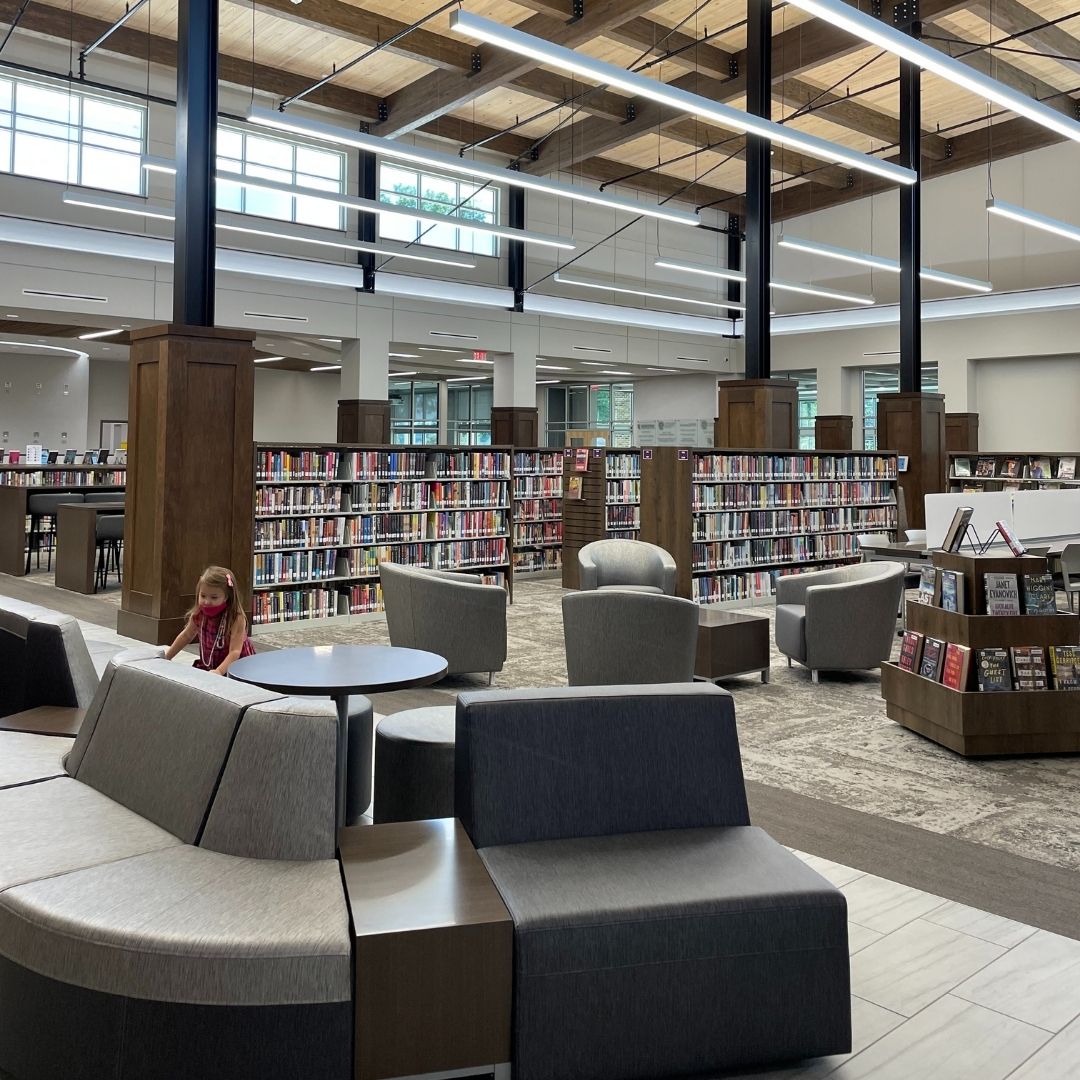 Seating and tables are conveniently places among book shelves for easy reading at the South Huntsville Library.