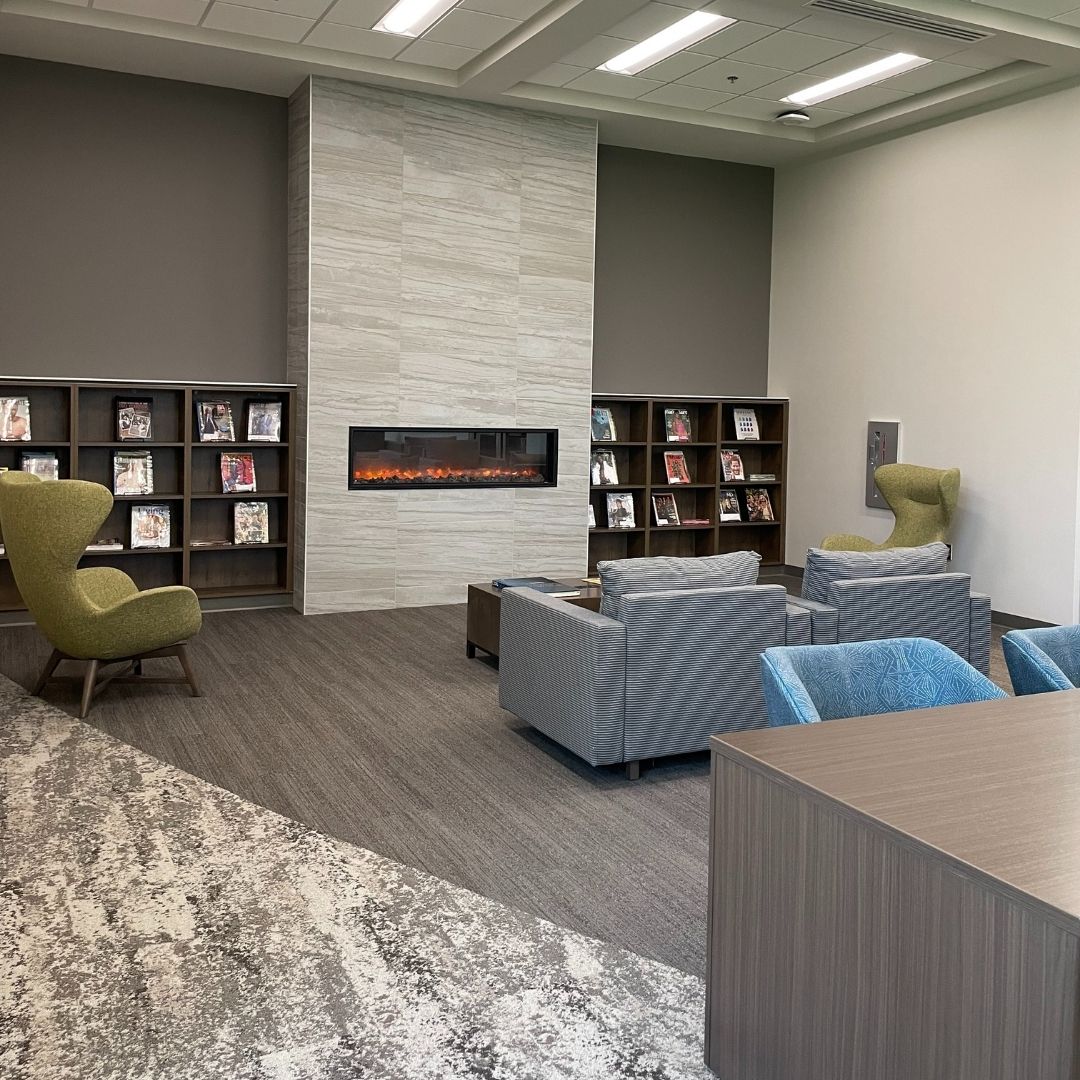 Cozy seating for quiet reading or studying abound in the library.