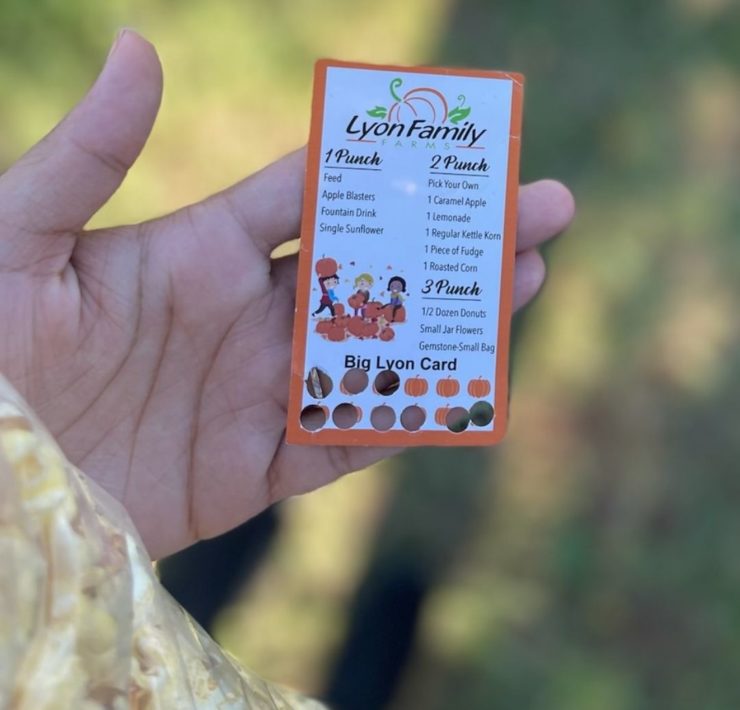 A small punch card features different refreshments that it can be exchanged for on Lyon Family Farm.