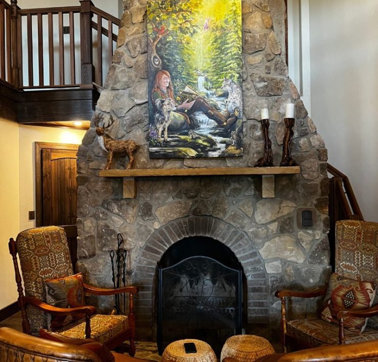 The hearth of Bokee's Bungalow at Ancient Lore Village